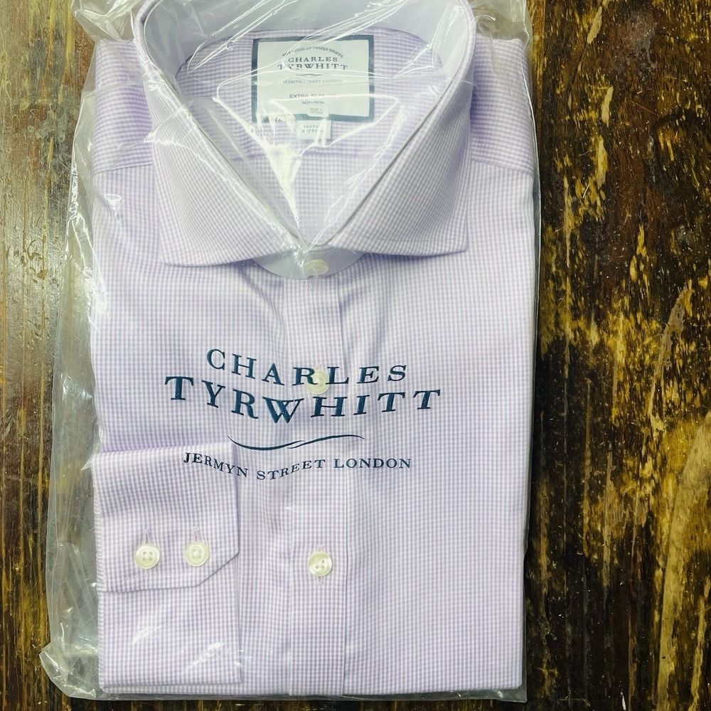 Charles Tyrwhitt Mens Extra Slim‎ Fit Shirt 16/36 Lilac non-iron Puppytooth